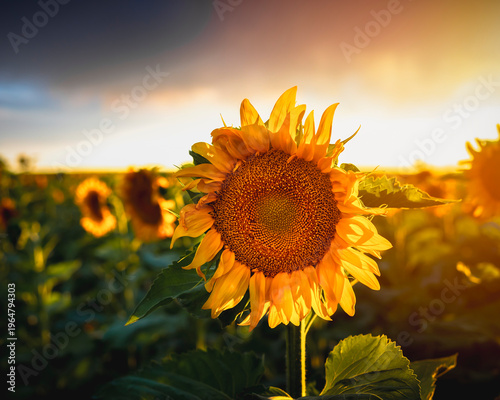 Giant orange and yellow Sunflowers in full bloom at sunset during late summer in Colorado.