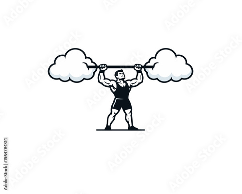 Strong man character lifting a barbell where the heavy weights are replaced by fluffy white clouds. Strength and light concept illustration.