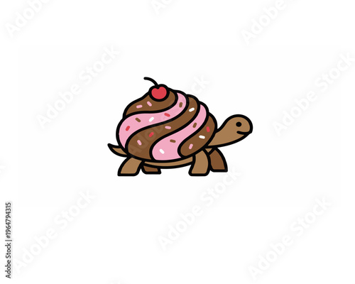 Humorous cartoon illustration of a turtle whose shell is a pink frosted cupcake with a cherry on top. Surreal food animal mashup.