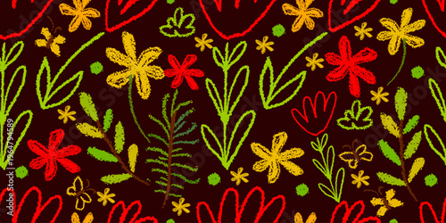 Seamless pattern simple flowers children's drawing with crayons. Hand drawn. Not AI, vector illustration.