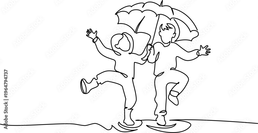 Fototapeta premium Cheerful boy and girl walk and jump under umbrella. Walk outdoors together.