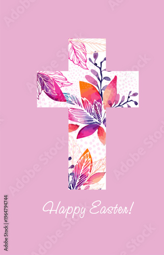 Religious cross with watercolor flowers flowers . Hand drawn. Not AI, vector illustration. He is risen Hand drawn. Not AI, vector illustration