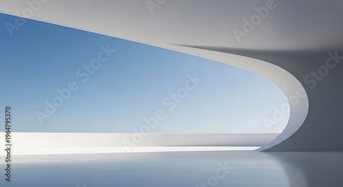Modern architectural design featuring a large curved window with a view of the sky and a sleek interior space with a smooth floor and ceiling