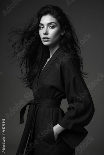 b&w fashion illustration of a caucasian model wearing a designer coat - generative ai