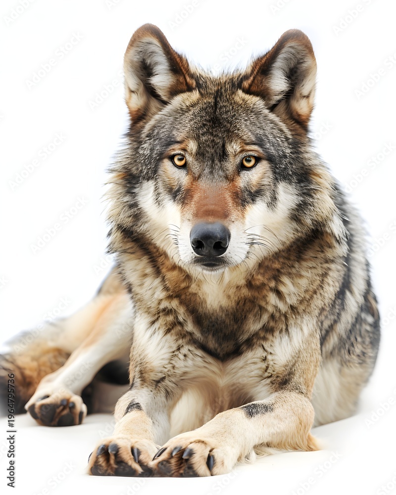 Fototapeta premium Single wolf resting with head lifted slightly, soft light isolated on white background 