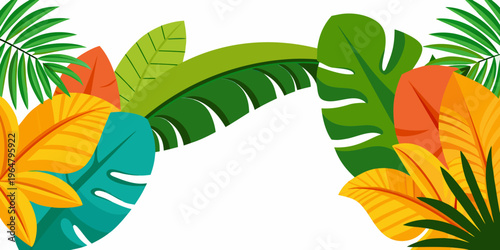 Colorful tropical palm and monstera leaves border, vector