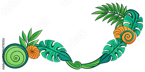 Curved tropical foliage and spiral shell decorative frame, vector