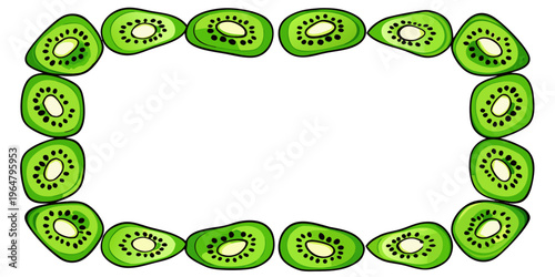 Border made of green kiwi fruit slices, vector