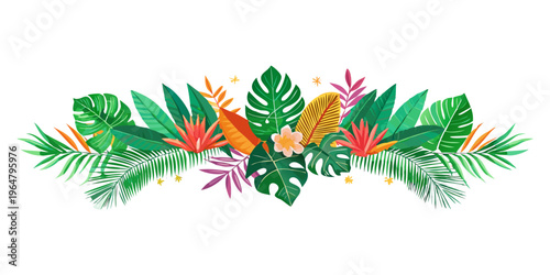 Tropical botanical border with palm and monstera leaves, vector