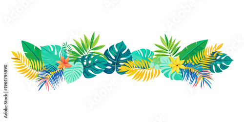 Colorful tropical leaves and floral arrangement border, vector