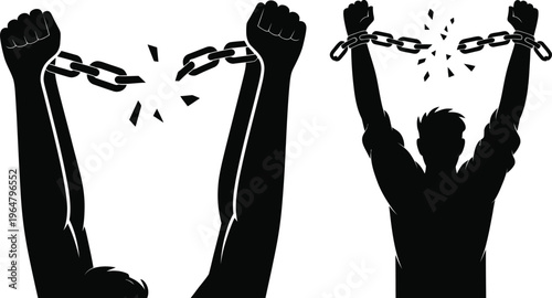 Breaking chains freedom concept silhouette, raised fists symbol, liberation and independence theme, strong human empowerment design isolated on white