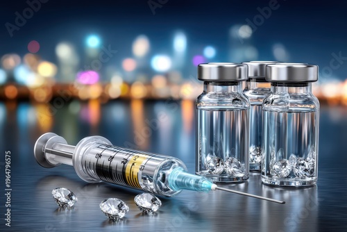 Luxury healthcare concept with a syringe, vaccine vials filled with diamonds against an urban bokeh background, highlighting the cost of medical treatment.