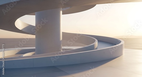 Modern white spiral structure with a central pillar and curved walkways under a bright sky