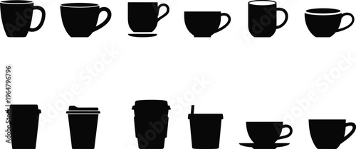Coffee cup silhouette collection, takeaway mugs and cafe drink icons set, beverage container designs isolated on white background for projects