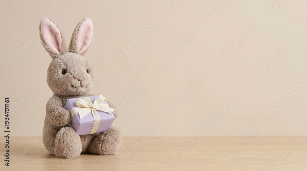 Fototapeta premium Adorable easter bunny holding a purple gift box on beige background