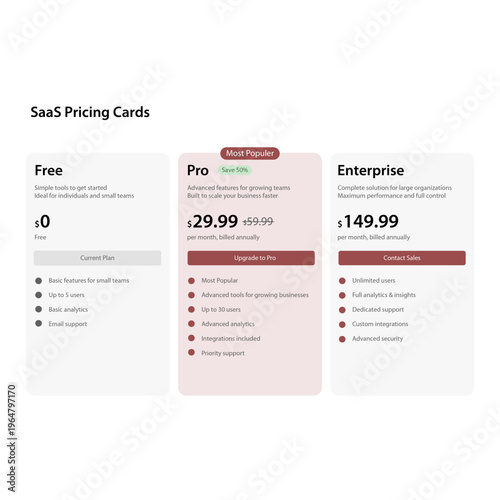 Modern SaaS pricing cards UI design with free, pro and enterprise plans. Clean dashboard interface template in light and dark mode for web apps, business tools and subscription platforms.