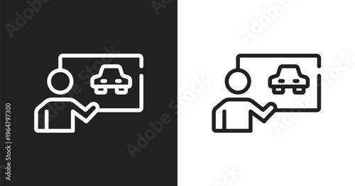 Driving lessons icon. Linear black, white icon from driving school collection. Outline driving lessons vector. Thin line symbol isolated on white and black background