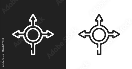 Roundabout icon. Linear black, white icon from driving school collection. Outline roundabout vector. Thin line symbol isolated on white and black background