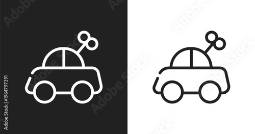 Toy car icon. Linear black, white icon from kindergarten collection. Outline toy car vector. Thin line symbol isolated on white and black background