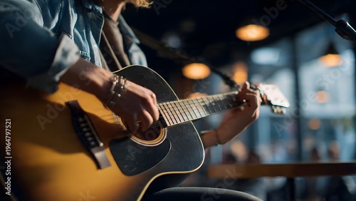 A talented musician playing an acoustic guitar during a live performance in a cozy dimly lit cafe, creating a warm and soulful musical atmosphere.