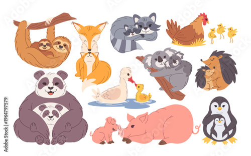 Cute Mothers Day animal heartwarming set representing maternal love and sweet family bonding