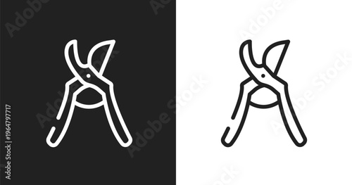 Pruning shears icon. Linear black, white icon from cutting tool collection. Outline pruning shears vector. Thin line symbol isolated on white and black background