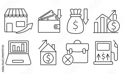 Price increase. Inflation icon group. Purchasing power decrease and savings. Services and goods cost rise. Vector illustration.