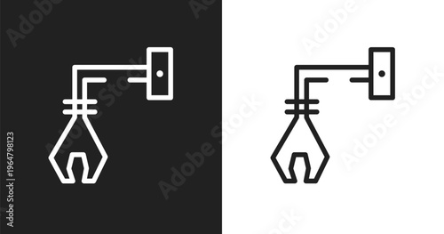 Derrick with tong icon. Linear black, white icon from constructicons collection. Outline derrick with tong vector. Thin line symbol isolated on white and black background