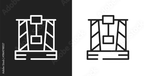 Derrick with box icon. Linear black, white icon from constructicons collection. Outline derrick with box vector. Thin line symbol isolated on white and black background
