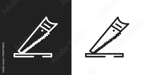 Wood saw icon. Linear black, white icon from constructicons collection. Outline wood saw vector. Thin line symbol isolated on white and black background