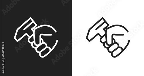 Hammer in hand icon. Linear black, white icon from hand drawn construction collection. Outline hammer in hand vector. Thin line symbol isolated on white and black background