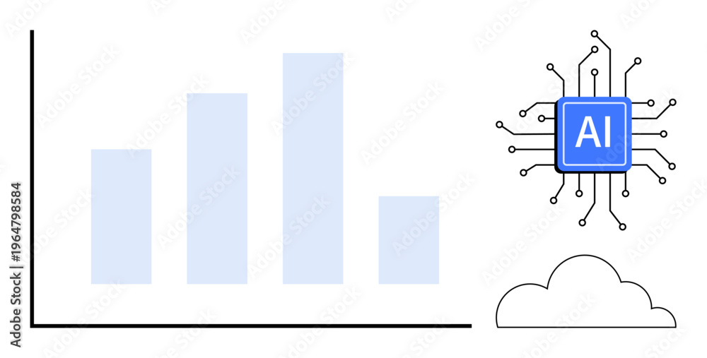 Naklejka premium Data processing, AI systems, cloud technology, tech growth trends, business analytics, innovation. Bar chart, AI chip and cloud symbol. Data processing and cloud technology visualization