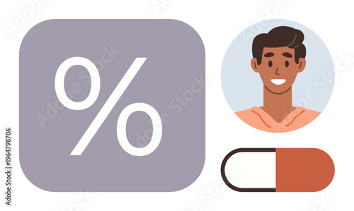 Data analysis, healthcare, medication, treatment, medical insights, statistics. Percent symbol, male face capsule pill. Data analysis and healthcare combining medication and statistics concepts