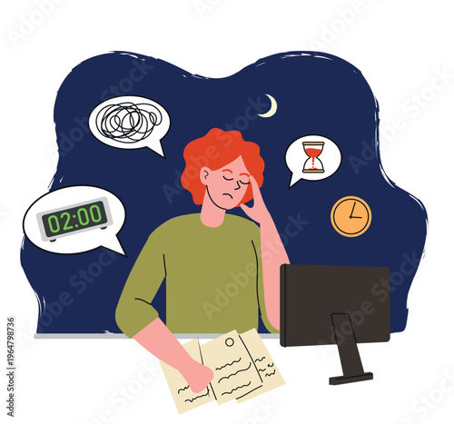 Girl stayed up working with documents until 2 AM. Catastrophic lack of time, night work, stress. Doodle vector illustration