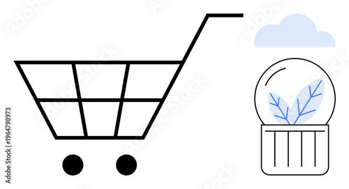 Sustainable shopping, eco-friendly products, green living, environmental care, zero waste, conscious consumerism. A shopping cart and eco symbol with leaves in minimalist style. Sustainable shopping