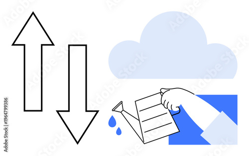 Data transfer, growth, technology, cloud computing, development, sustainability. Arrows, cloud and hand watering. Data transfer and growth are by cloud and arrows