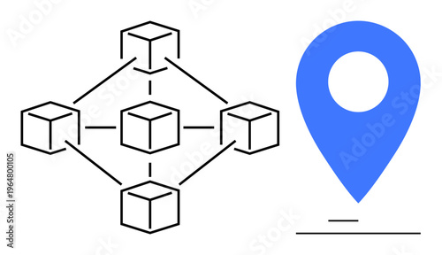Blockchain, logistics, geospatial mapping, decentralized systems, supply chain, tracking solutions. Connected network of blocks and blue location icon. Blockchain and logistics concepts
