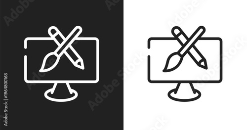 Pencil and brush crossed icon. Linear black, white icon from responsive web collection. Outline pencil and brush crossed icon vector. Thin line symbol for use on web and mobile apps, logo, print