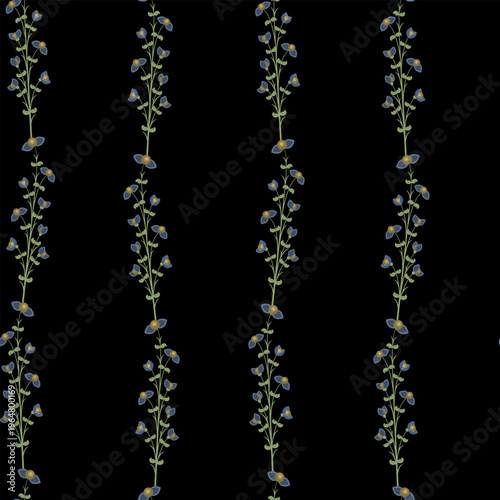 Seamless floral pattern with blooming vines. Green branches with blue flowers on black background.