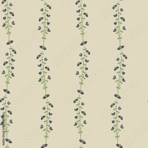 Seamless floral pattern with blooming vines. Green branches with blue flowers on light background.