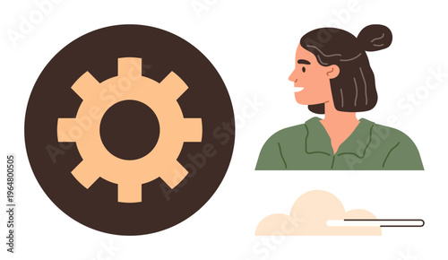 Technology, teamwork, innovation, progress, system optimization, productivity. Gear icon, woman with bun hairstyle and loading bar on white background. Technology and teamwork