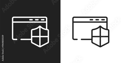 Window with security badge icon. Linear black, white icon from computer and media collection. Outline window with security badge icon vector. Thin line symbol for use on web and mobile apps, logo,
