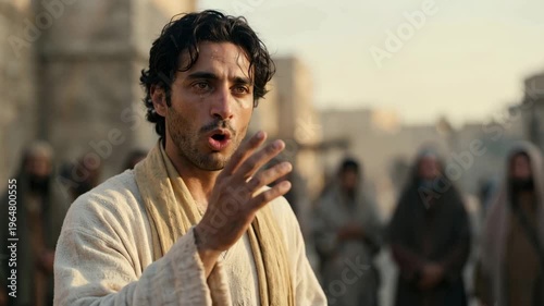 Apostle preaching the gospel in an ancient city. Middle Eastern man speaking with passion about faith. Biblical narrative and religious testimony concept