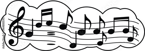 Musical notes staff silhouette, melody and harmony concept, abstract music composition design isolated on white background for creative projects