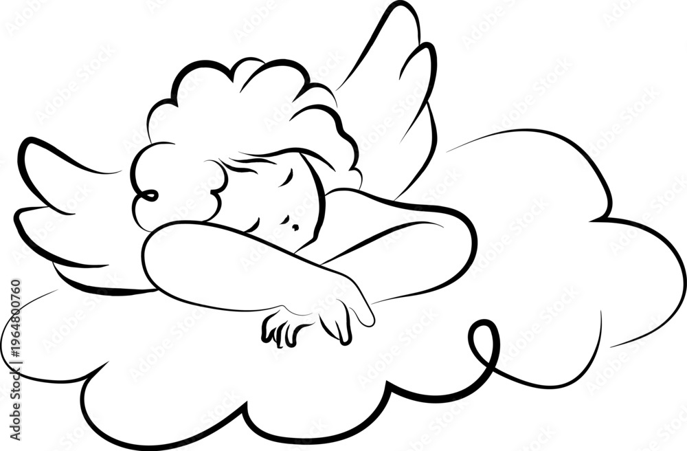 Fototapeta premium Angel Sleeping On Cloud Line Art
