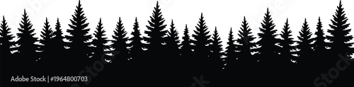 Pine tree forest silhouette border seamless vector illustration black evergreen woodland landscape nature design isolated horizon decorative background,