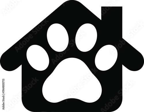 Pet house icon with paw print silhouette vector illustration animal shelter symbol home logo isolated black design