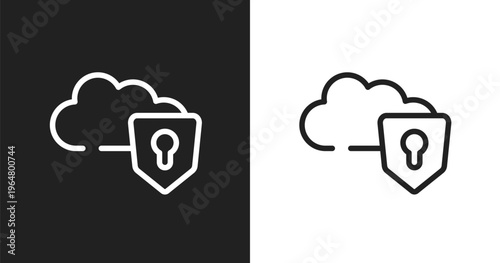 Protected on internet icon. Linear black, white icon from cloud computing collection. Outline protected on internet vector. Thin line symbol isolated on white and black background