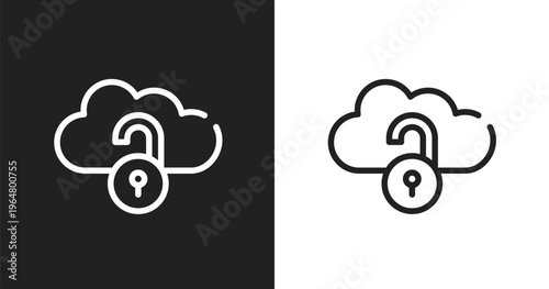 Unlocked internet icon. Linear black, white icon from cloud computing collection. Outline unlocked internet vector. Thin line symbol isolated on white and black background