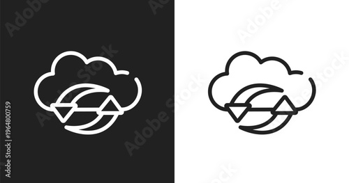 Clouds data synchronization icon. Linear black, white icon from cloud computing collection. Outline clouds data synchronization icon vector. Thin line symbol for use on web and mobile apps, logo,